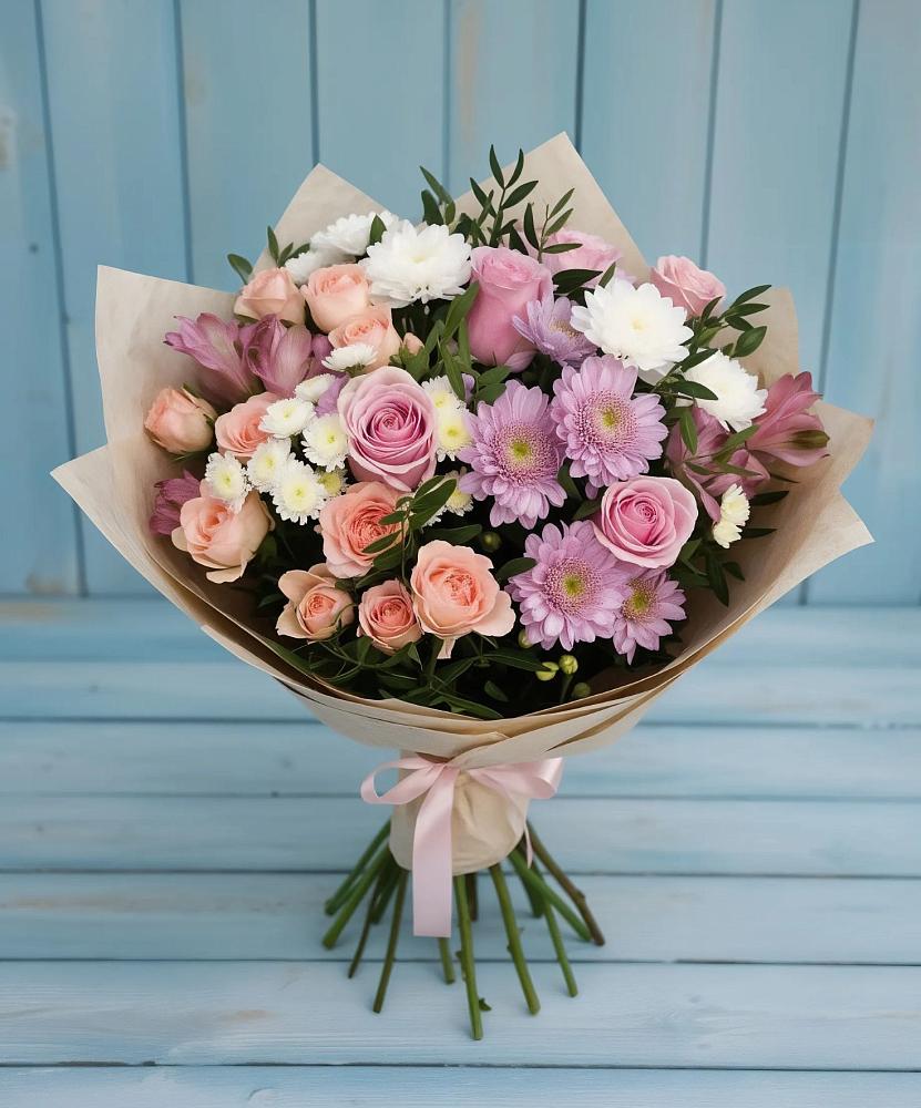 Букет цветов из: Хризантемы, Розы и Альстромерии в Грязь