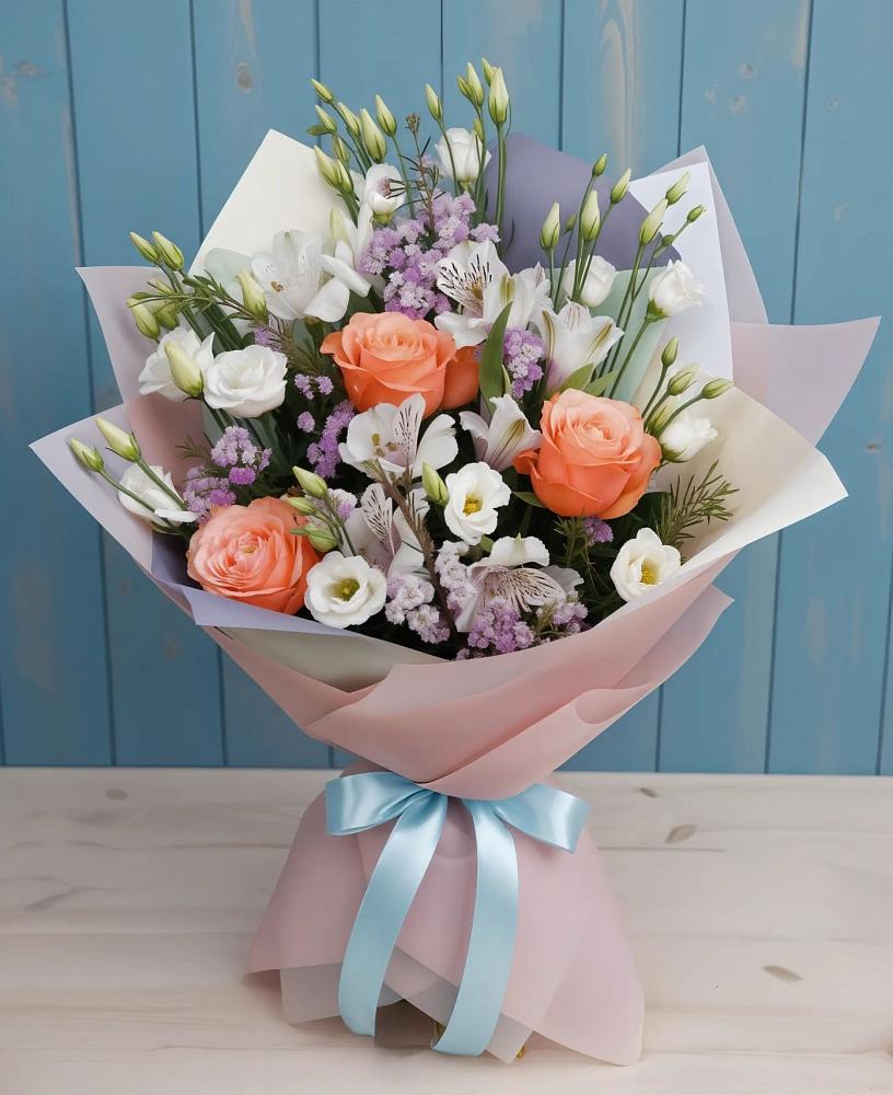 Букет цветов из: Лизиантусы, Розы, Альстромерии и Гипсофила в Грязь