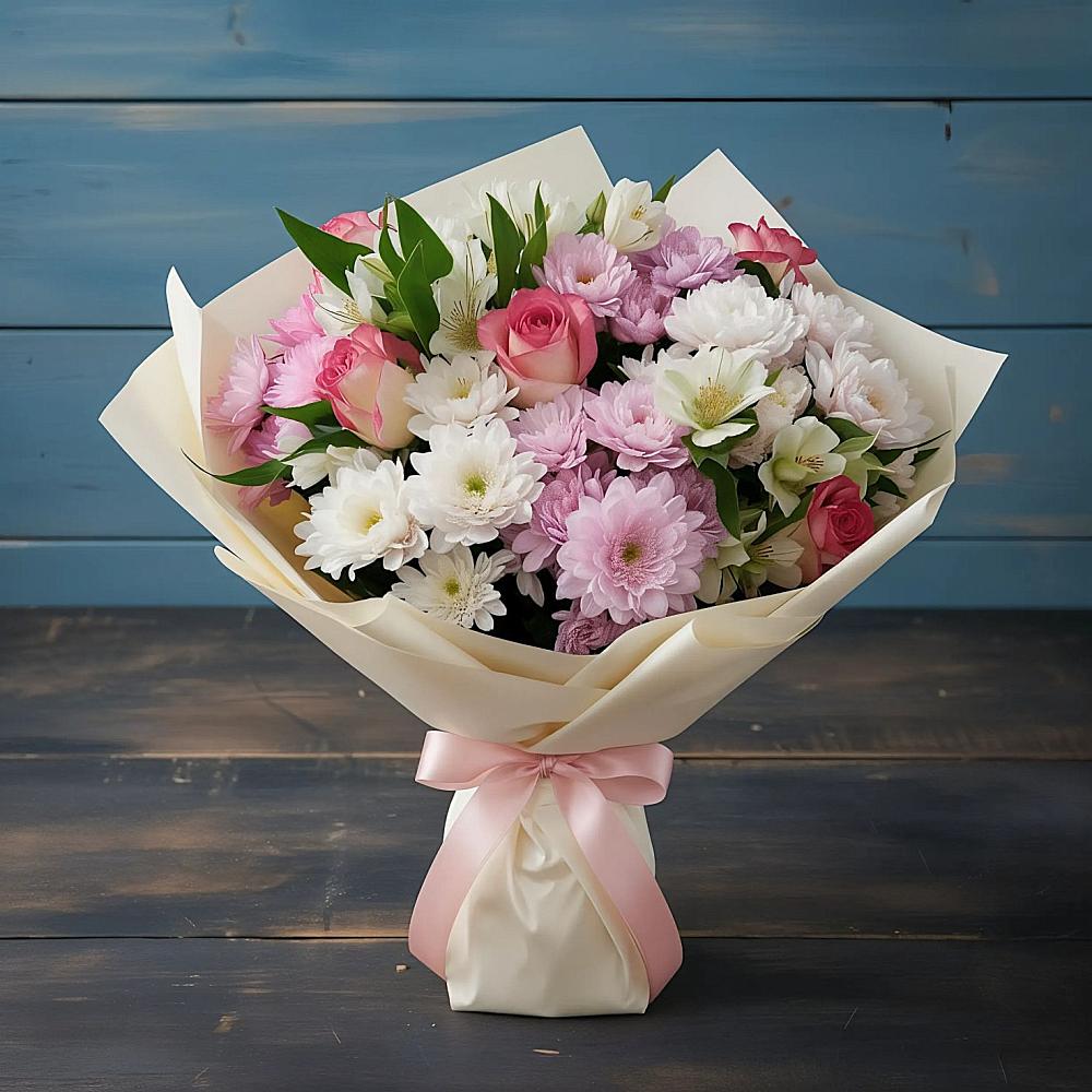 Букет цветов из: Хризантемы, Альстромерии и Розы в Грязь